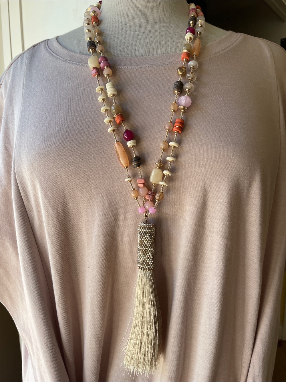 Chico’s NWT Beaded Tassel Pendant Necklace - Pink, Peach & Cream